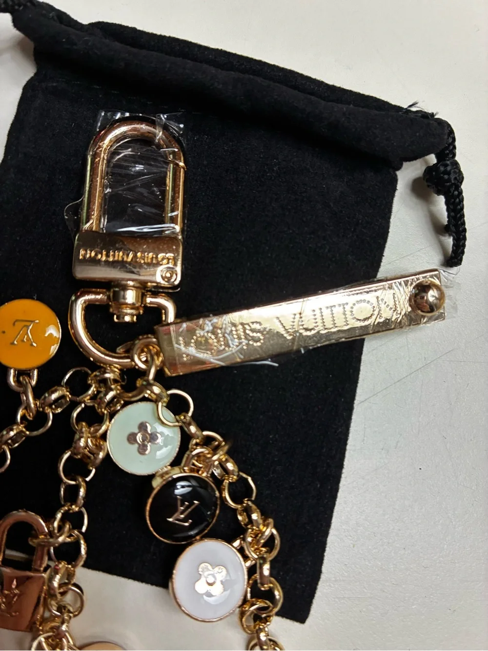 Louis Vuitton stamped Gold-Tone Multicolor Charm Keychain/ bag charmEnamel Discs